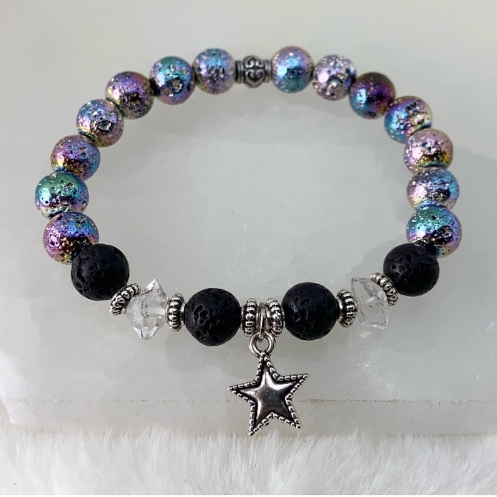 Herkimer diamonds electroplated lava star bracelet - Picture 2 of 6